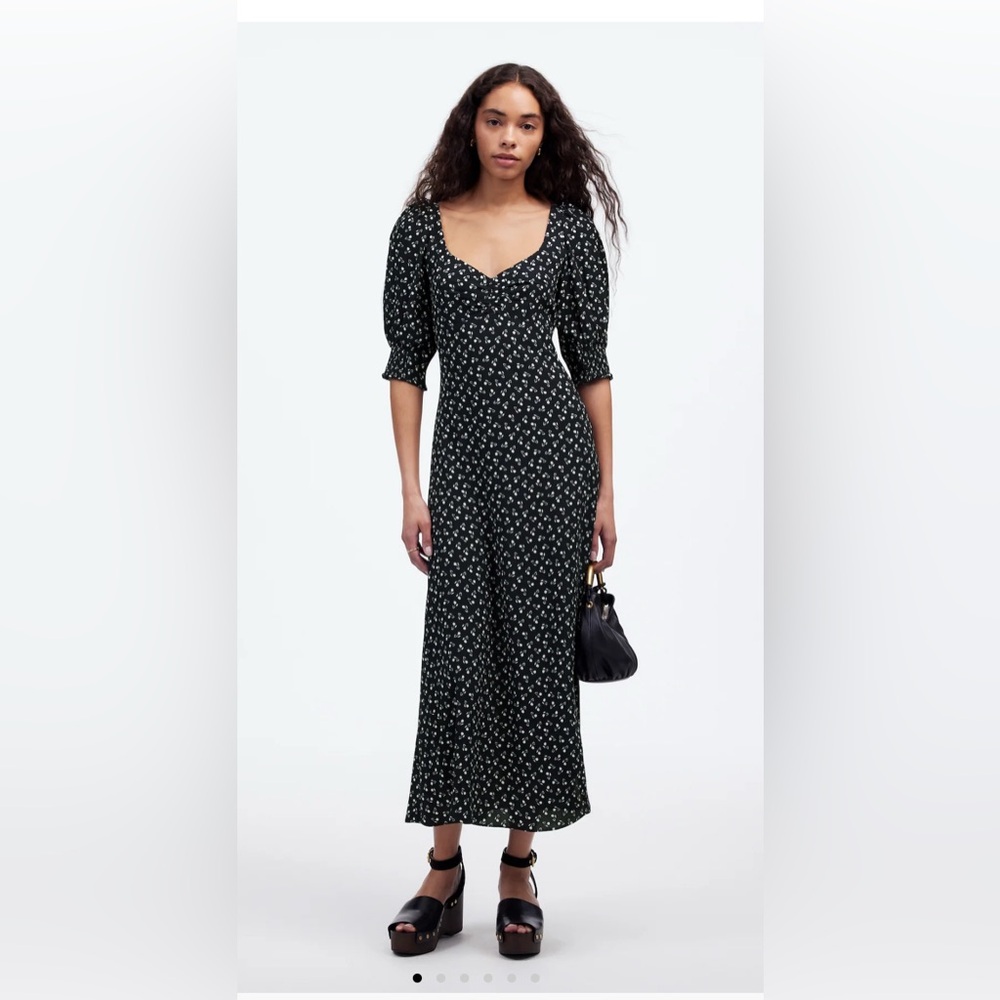 Madewell Ruched Scooped Neck side slit midi dress in cherry navy floral